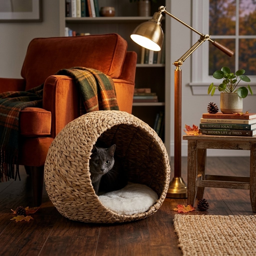 Nicho tejido para gatos con gato gris junto a un sillón de lectura