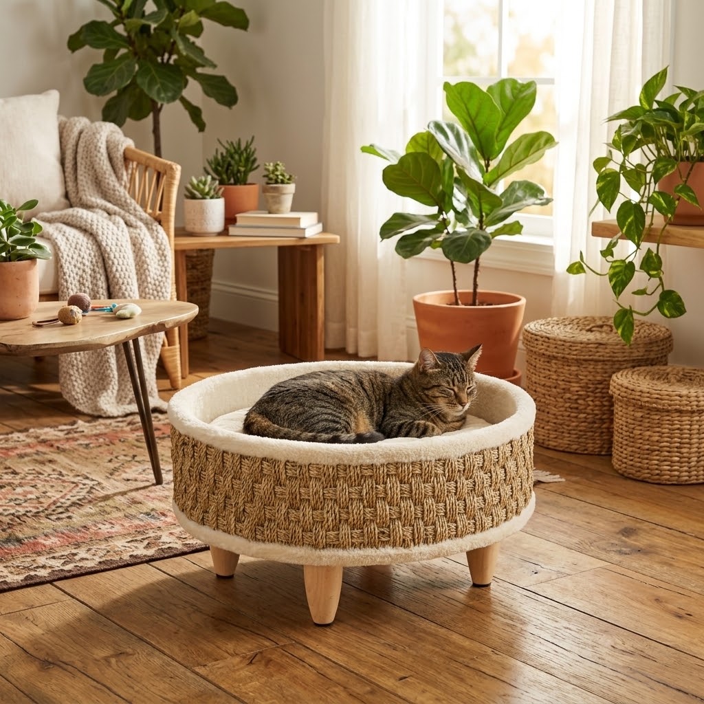 Cama redonda elevada para perros y gatos en salón con plantas y mimbre