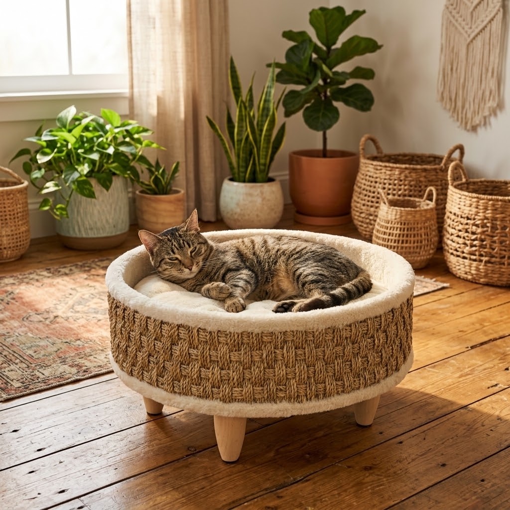 Cama redonda elevada con cojín beige y gato atigrado en salón boho