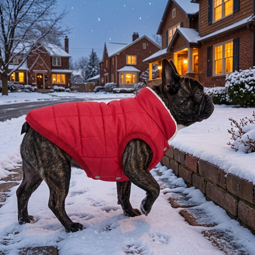 Perro con chaleco acolchado rojo en una acera con nieve en invierno