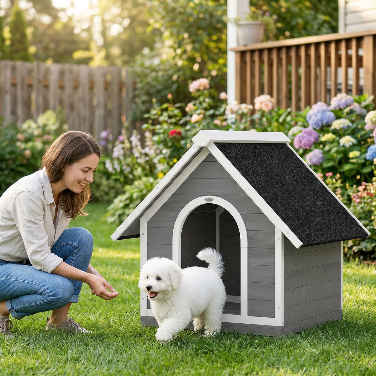 Caseta de madera para perros pequeños con cuerpo abatible, 101x84x85 cm