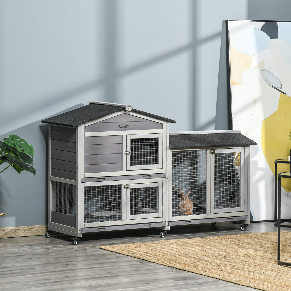 Conejera de exterior de madera con ruedas y 2 pisos, 157 x 53 x 99,5 cm, gris