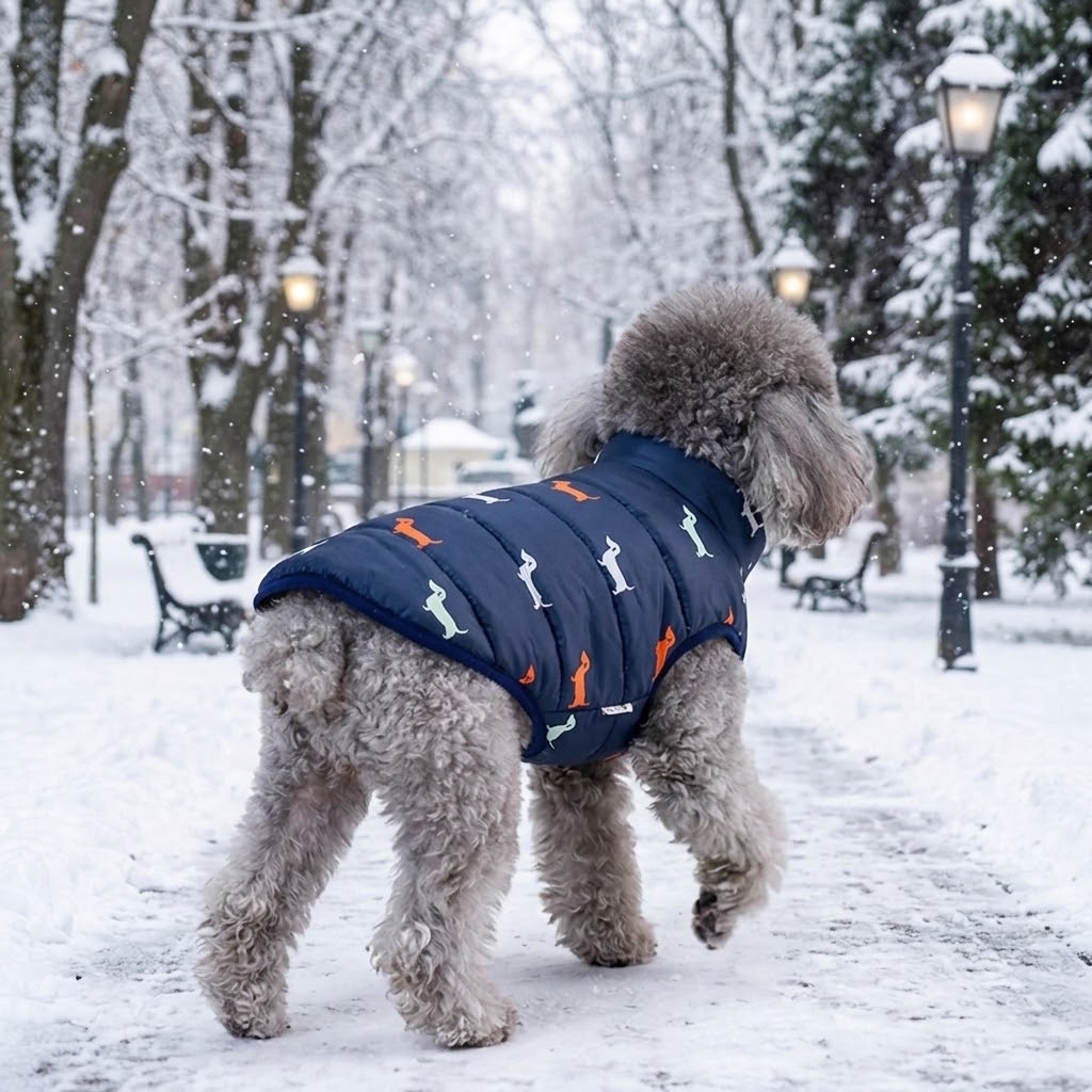 Perro con abrigo acolchado de invierno paseando bajo la nieve