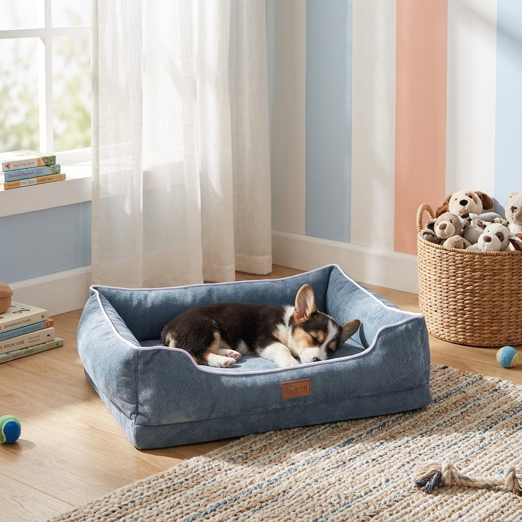 Cama tipo sofá acolchada azul para perros sobre alfombra de rayas