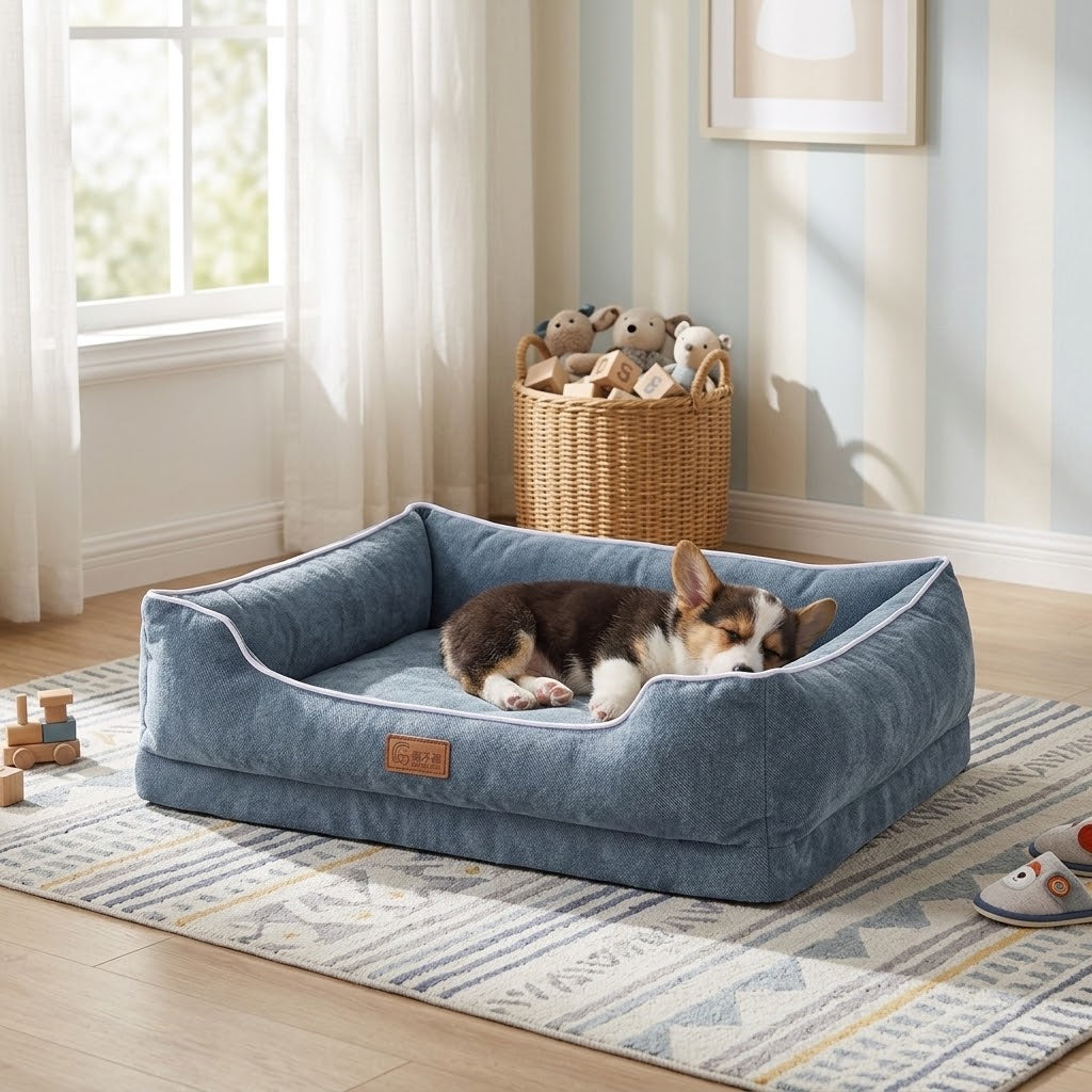Cama tipo sofá acolchada con cachorro de corgi en dormitorio luminoso