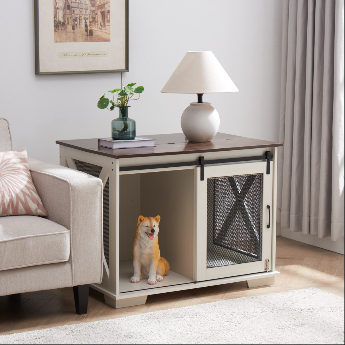 Jaula de madera para perros con puerta corredera en color blanco
