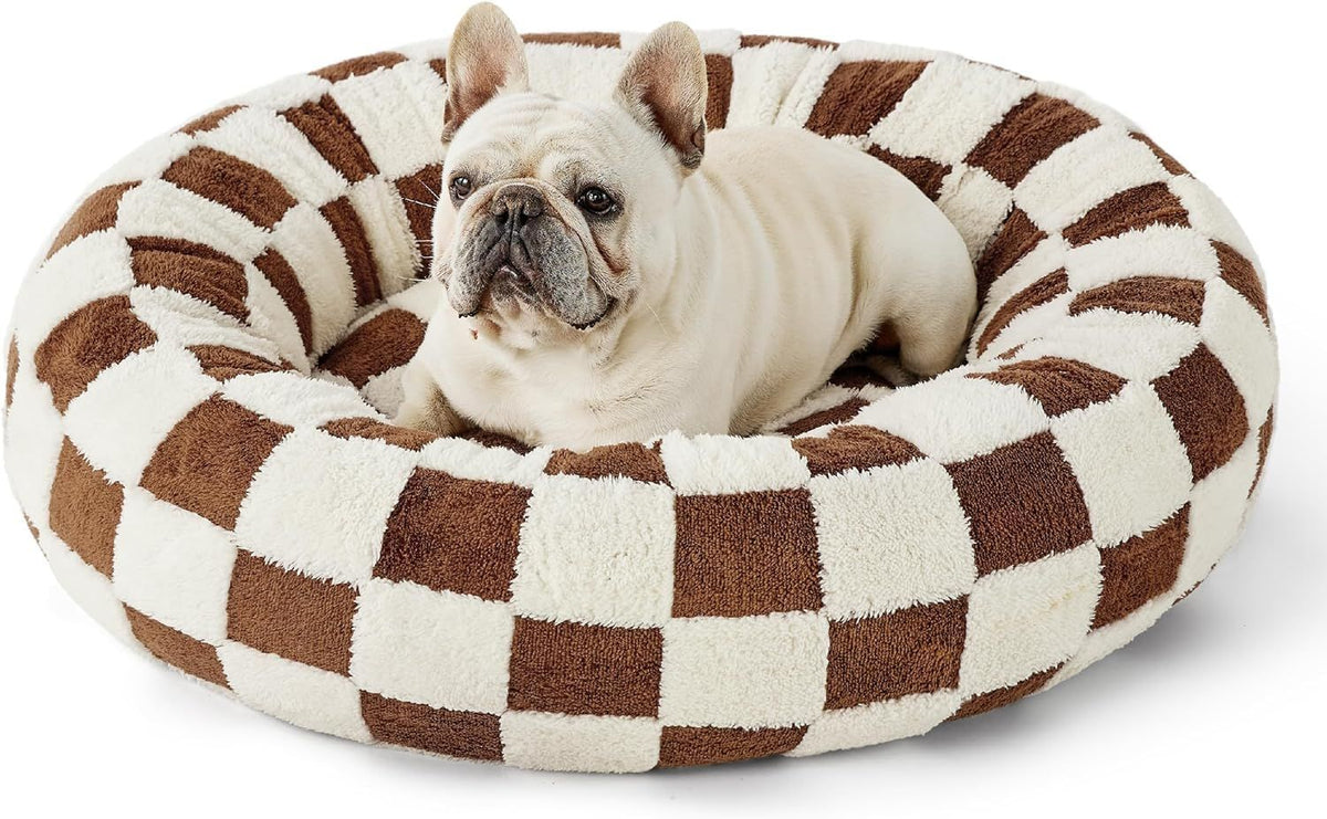 Cama redonda de tela para mascotas – Cuadros marrón, no lavable