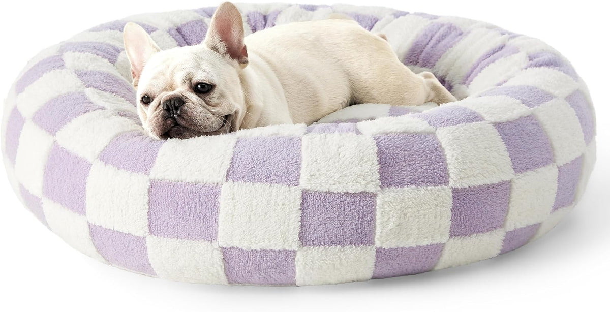 Cama redonda de tela para mascotas – Cuadros morado, desenfundable