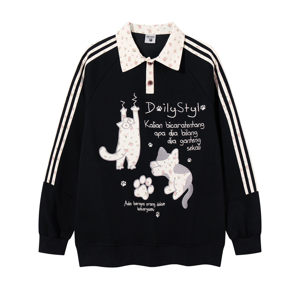 Sudadera retro bordada con diseño de gato