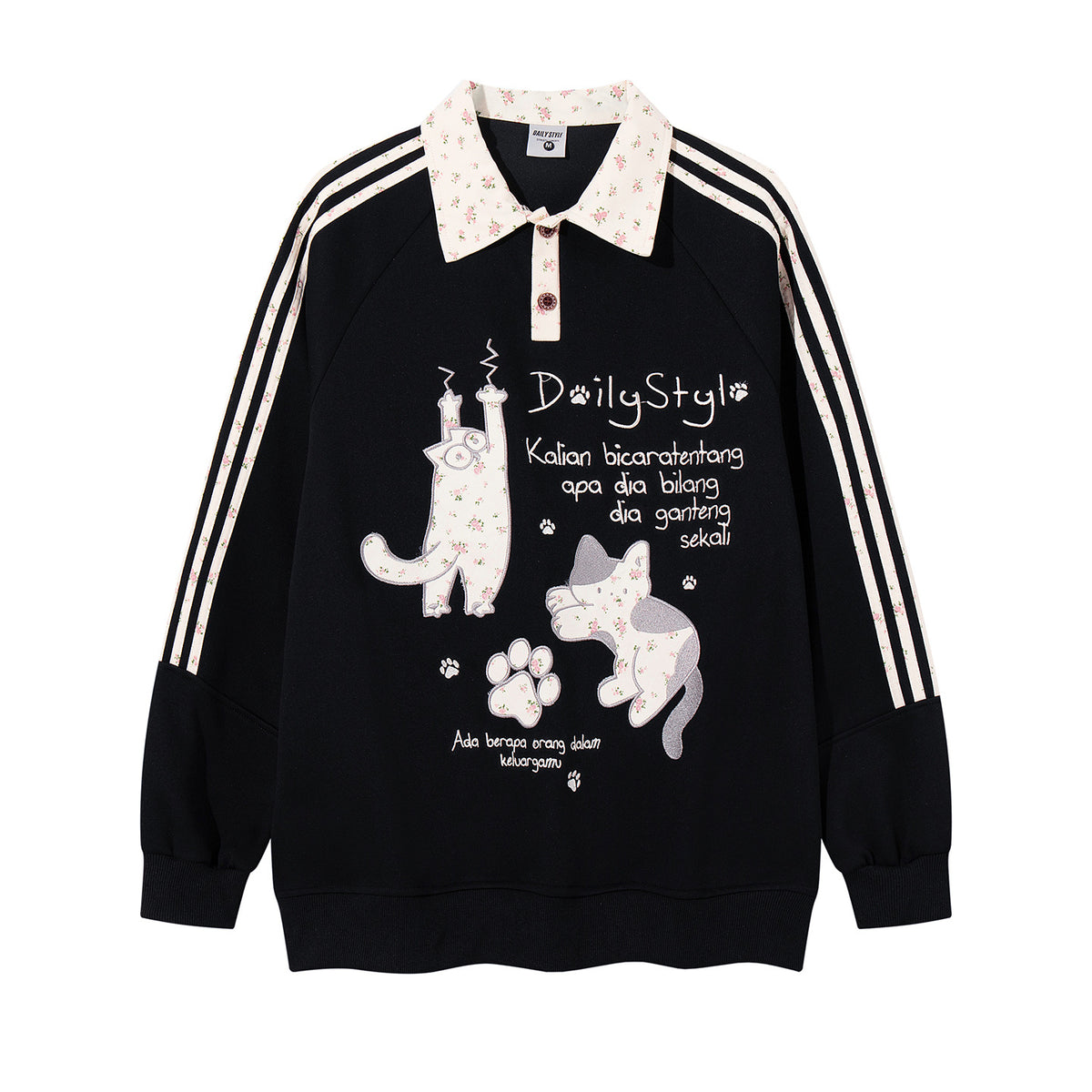 Sudadera retro bordada con diseño de gato