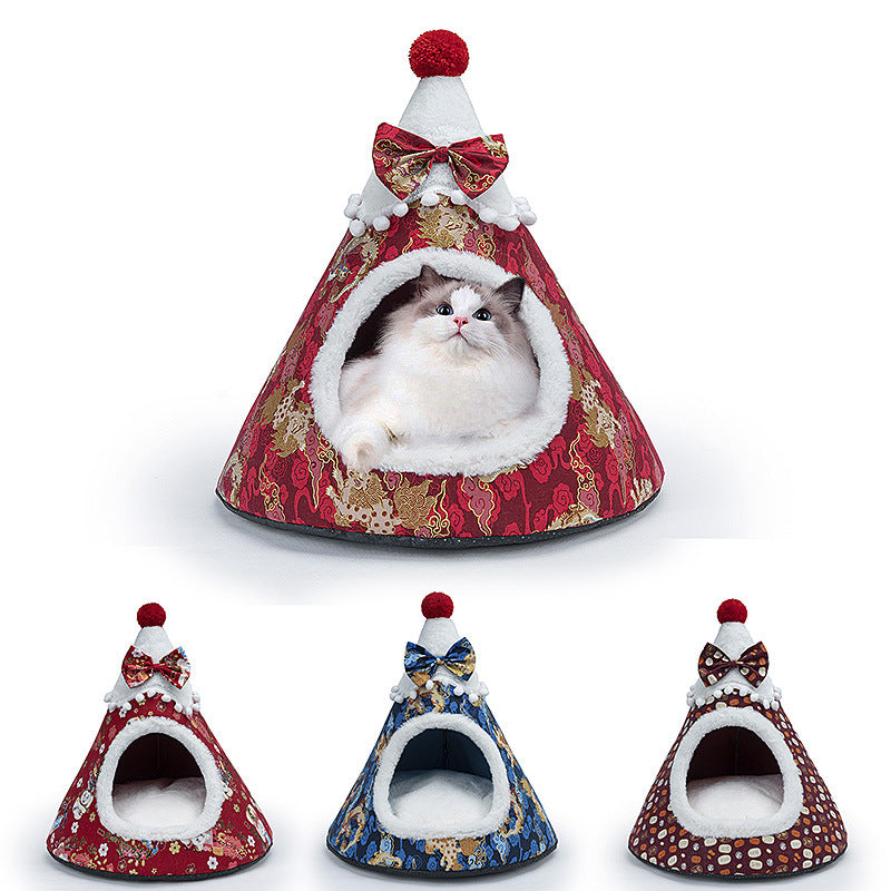 Cama cueva gorro de Navidad para gatos y perros pequeños
