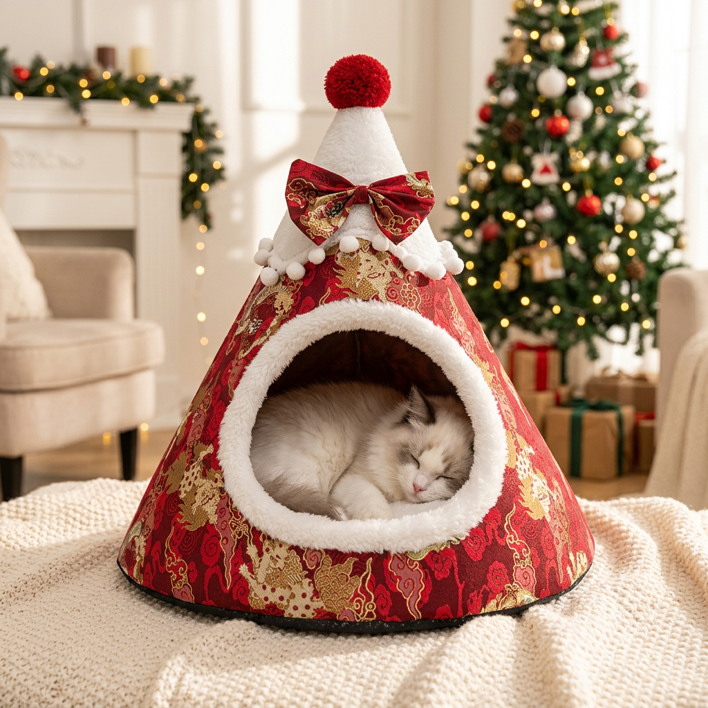 Cama cueva gorro de Navidad para gatos y perros pequeños