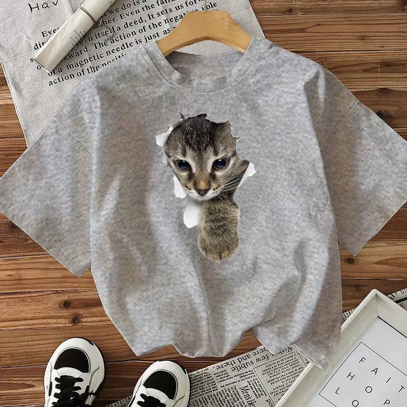 Camiseta de algodón con estampado de gatos para mujer