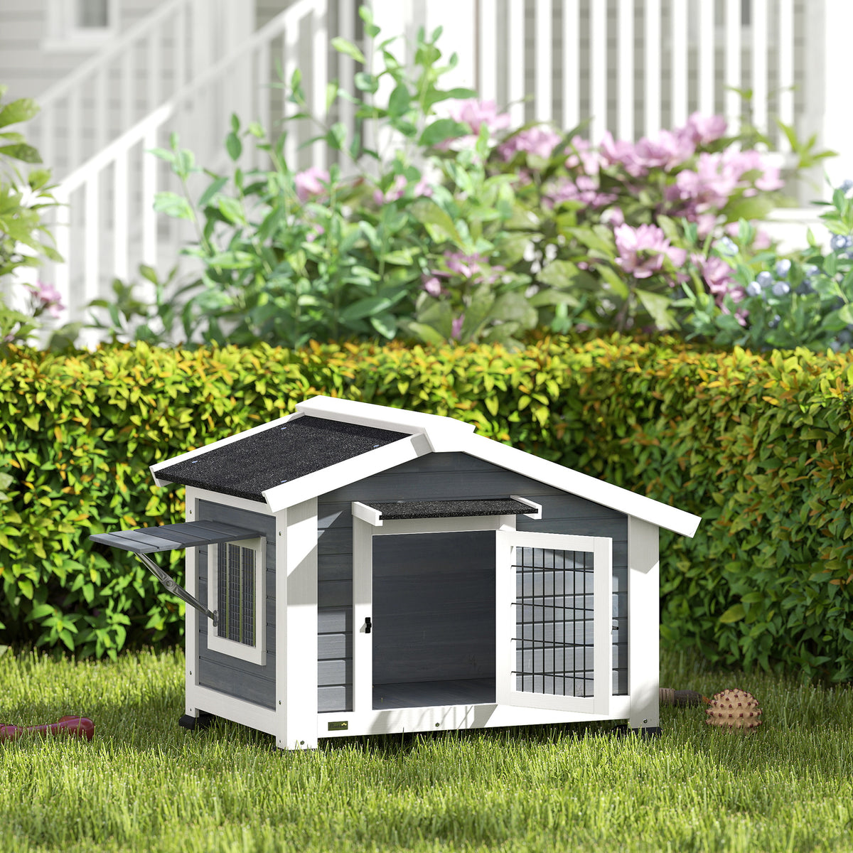 Caseta de madera elevada para perros medianos hasta 20 kg, 98x76x69,5 cm