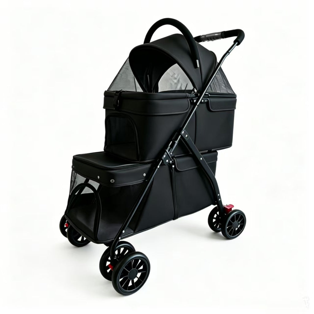Foldable double dog stroller with two compartments