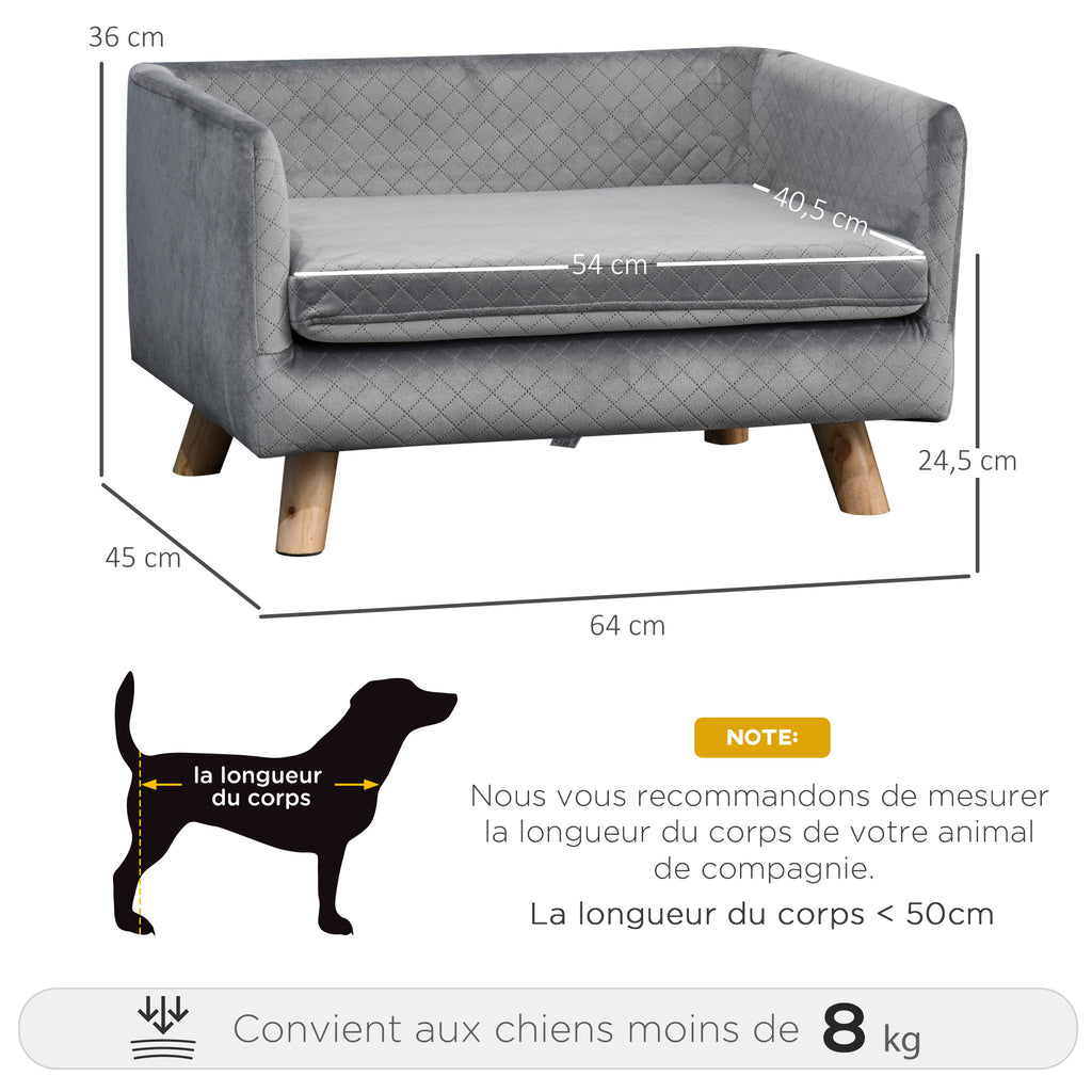 Sofá de terciopelo para perros pequeños con patas de madera, gris oscuro