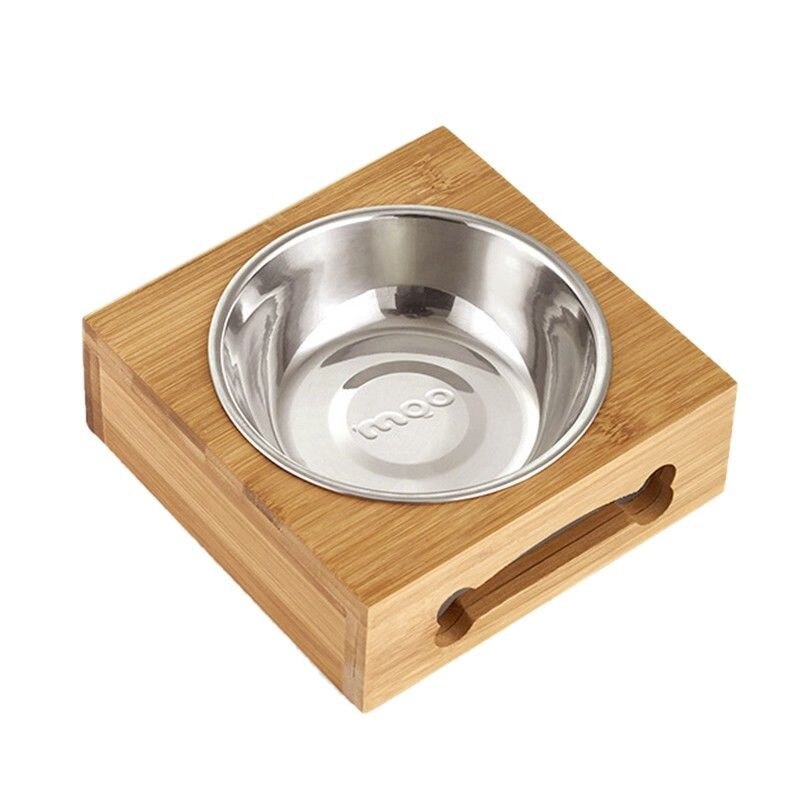 Comedero de acero inoxidable con soporte de bambú
