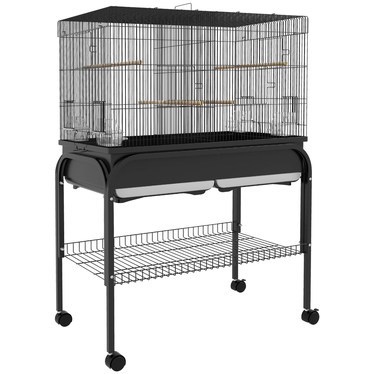 Jaula grande para pájaros y loros con soporte y ruedas, 85x49x119 cm, negra-0