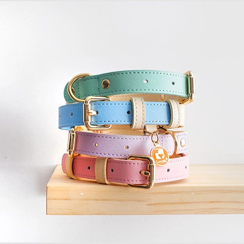 Collar de piel para perros y gatos, colores pastel
