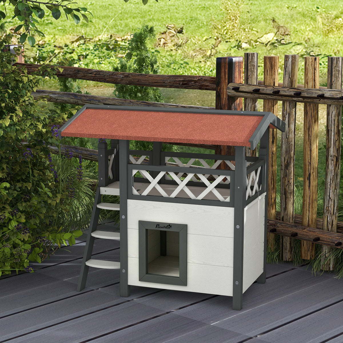 Caseta de madera para gatos con terraza y escalera
