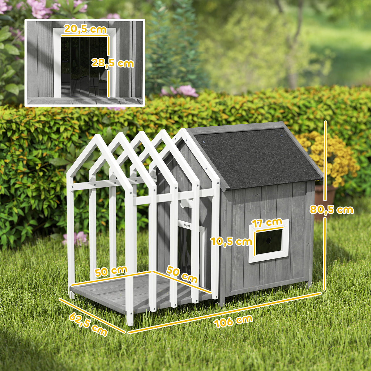 Caseta de madera con terraza y valla para perros pequeños, 106x62,5x80,5 cm