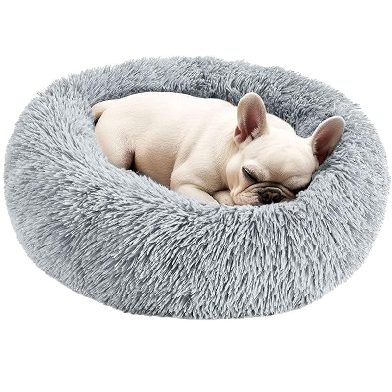 Cama donut gris de peluche para mascotas pequeñas, foto 5 de 6