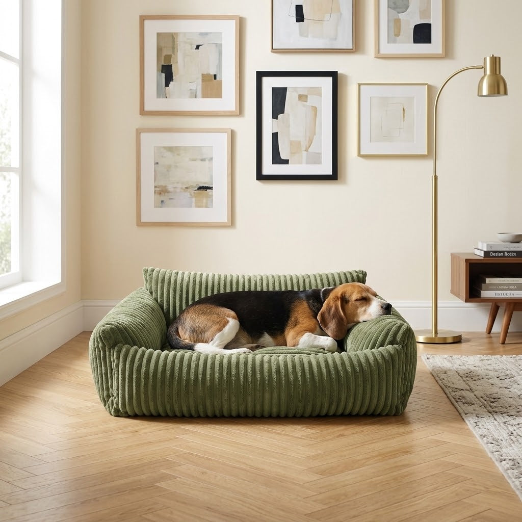 Sofá para perros Lodie con funda extraíble verde en salón moderno