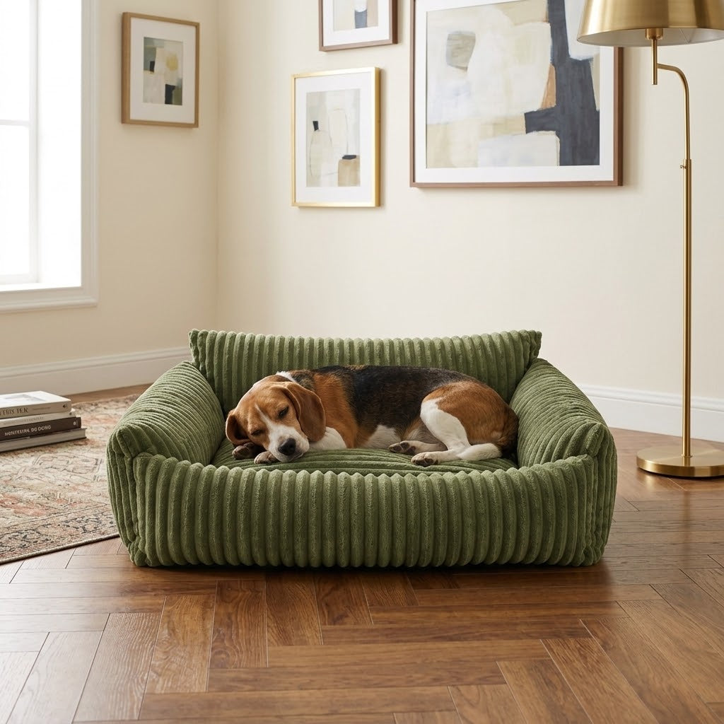 Sofá para perros Lodie verde con beagle en salón elegante