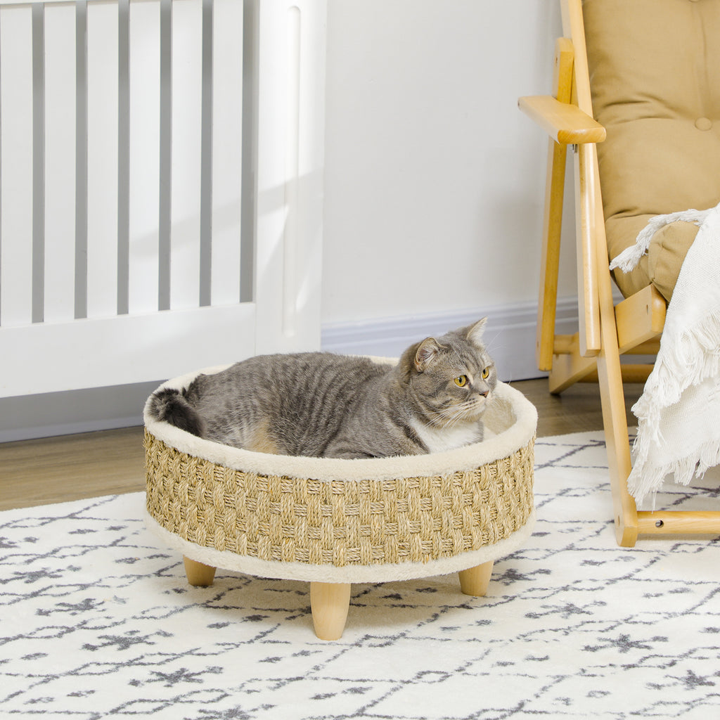 Cama redonda elevada para perros y gatos con cojín beige