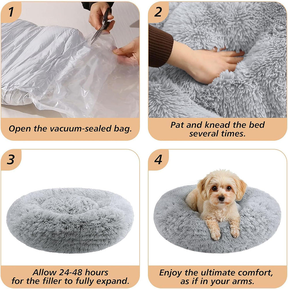 Cama donut gris de peluche para mascotas pequeñas, foto 2 de 6