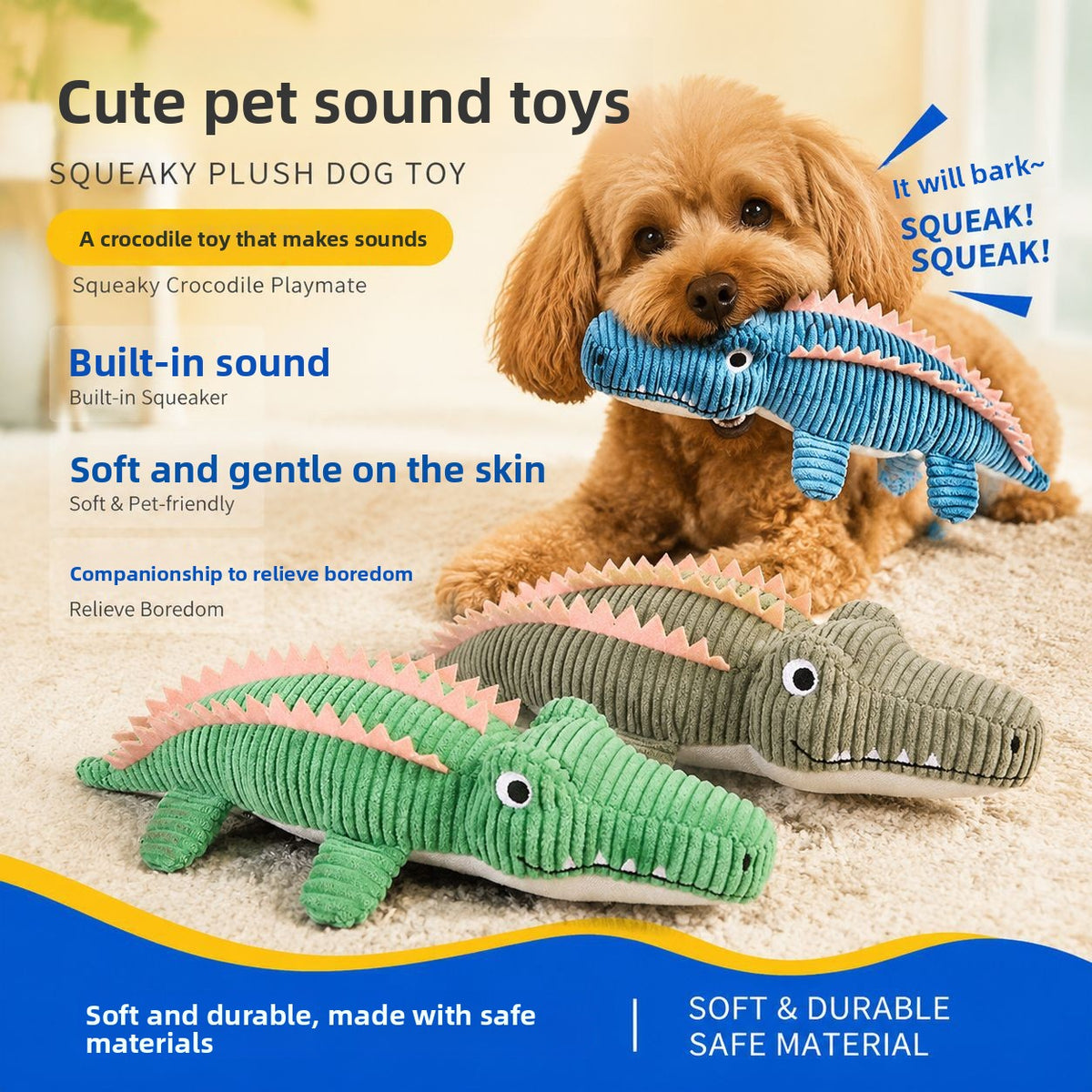 Juguete de cocodrilo con sonido para perros y gatos