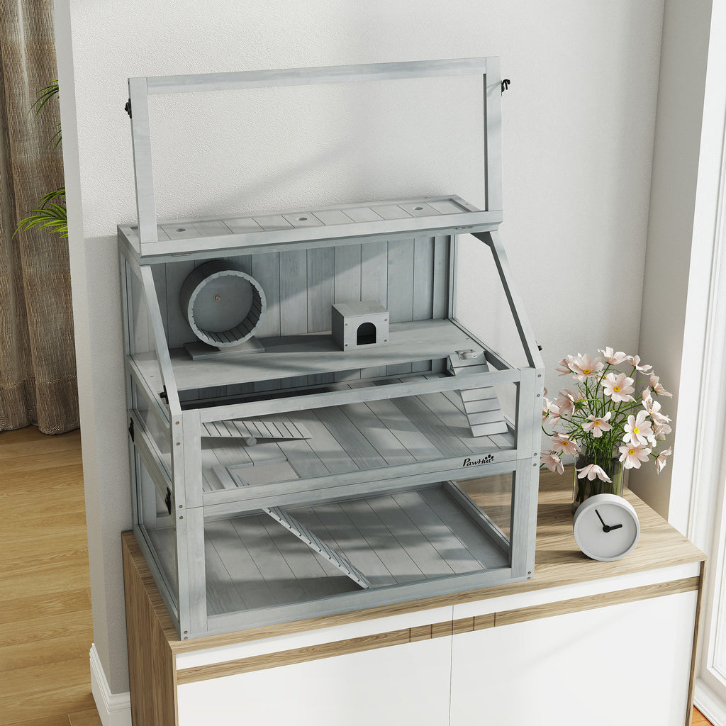 Jaula para hámster de madera 3 niveles con base profunda extraíble, 80x50x76 cm, gris claro-8
