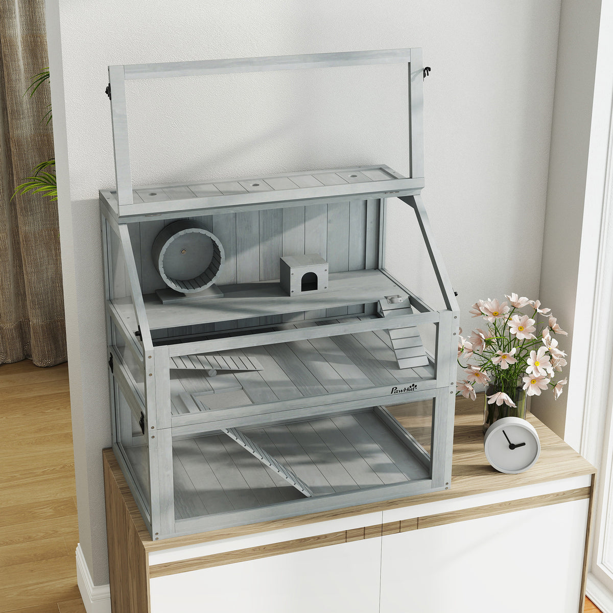 Jaula para hámster de madera 3 niveles con base profunda extraíble, 80x50x76 cm, gris claro-8