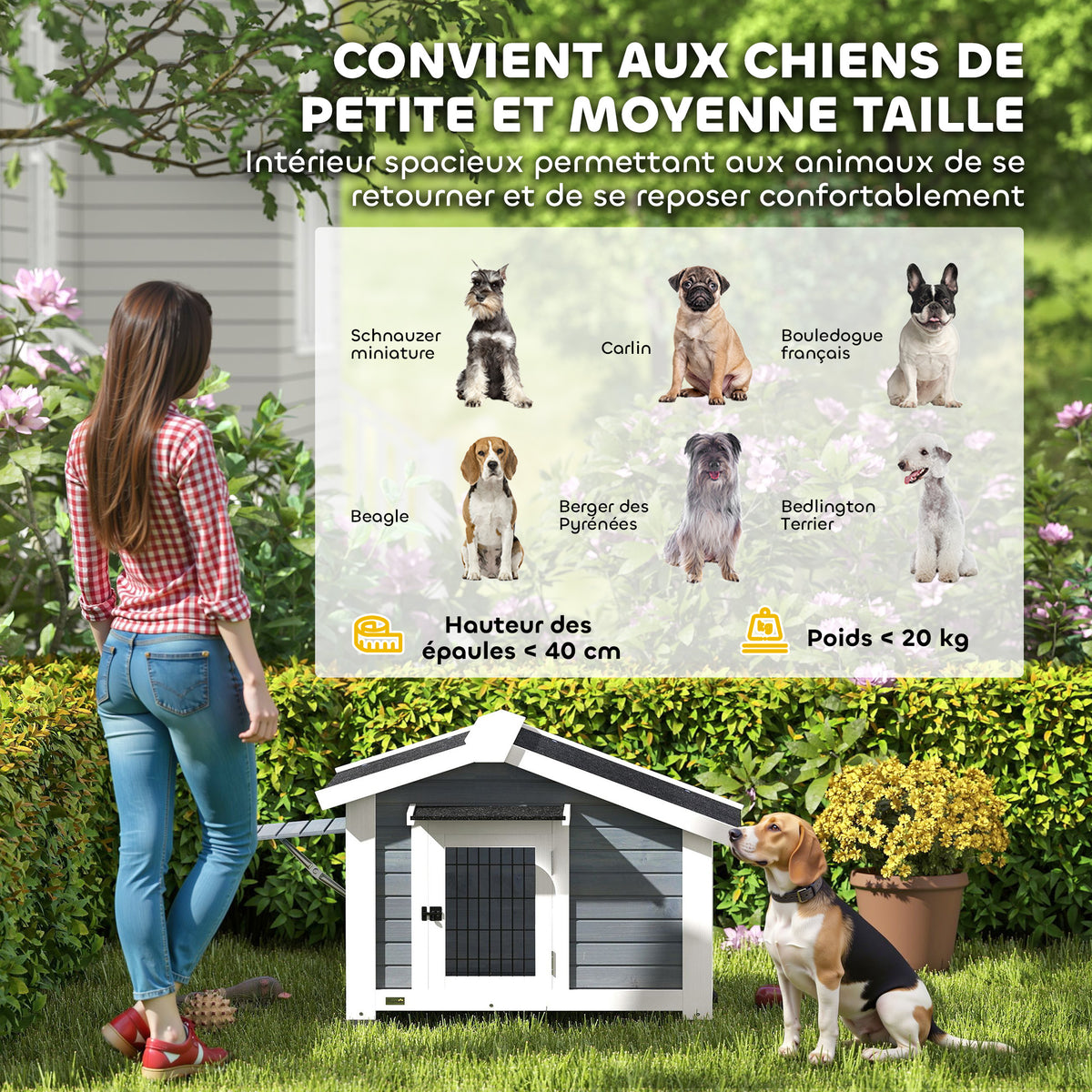 Caseta de madera elevada para perros medianos hasta 20 kg, 98x76x69,5 cm
