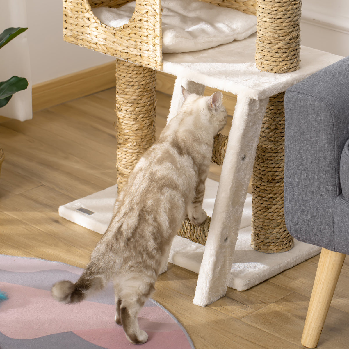 Árbol rascador de 100 cm con cueva de totora y cama para gatos