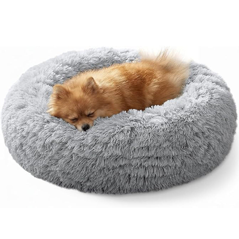 Cama donut gris de peluche para mascotas pequeñas