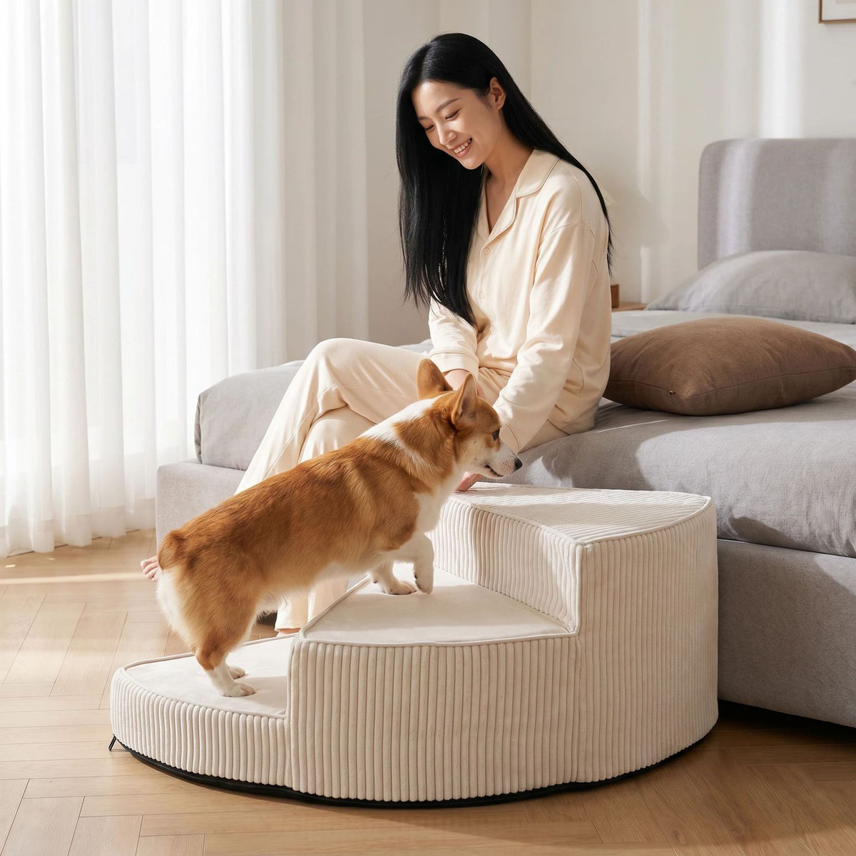 Escalera giratoria para perros con funda lavable – Blanco roto, derecha