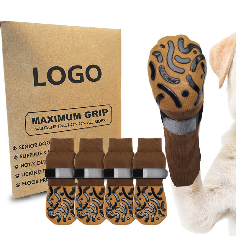 Calcetines Antideslizantes e Impermeables para Perros · 4 Piezas – Geométrico amarillo con tira luminosa