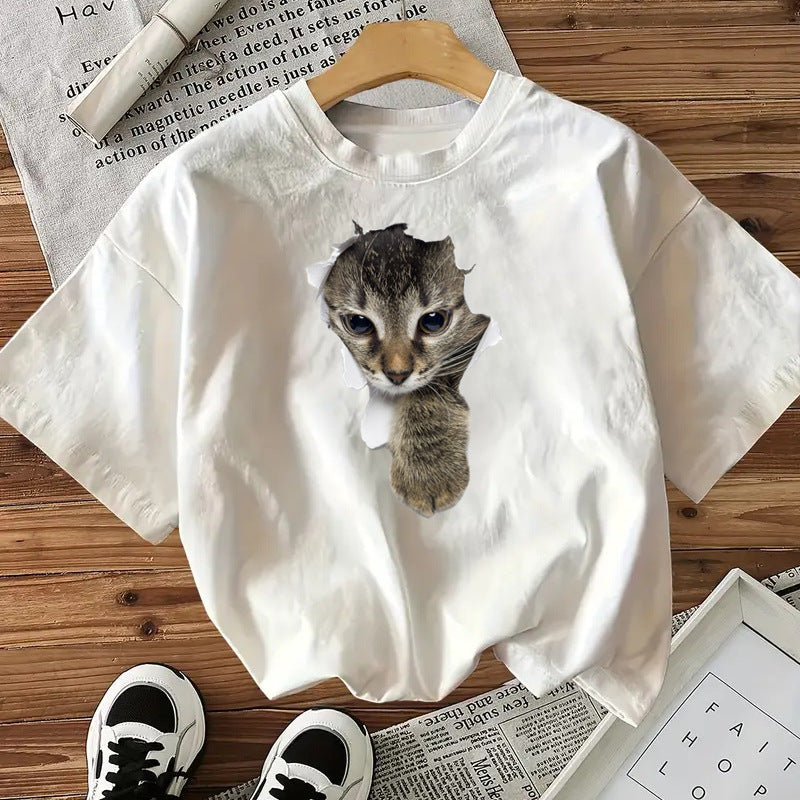 Camiseta de algodón con estampado de gatos para mujer