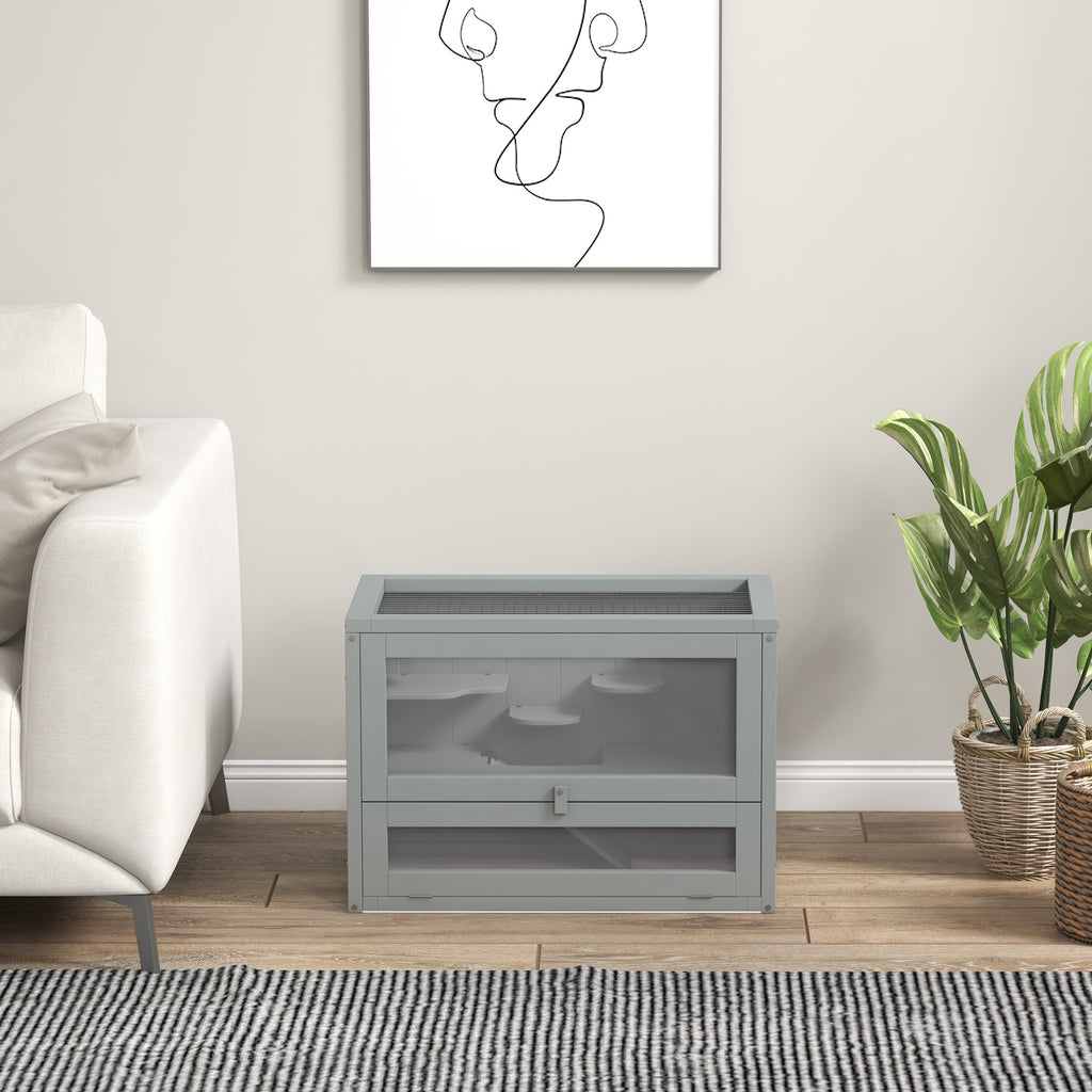 Jaula de madera para hámster con rampa y techo abatible, 60 x 35 x 42 cm, gris, foto 2 de 9