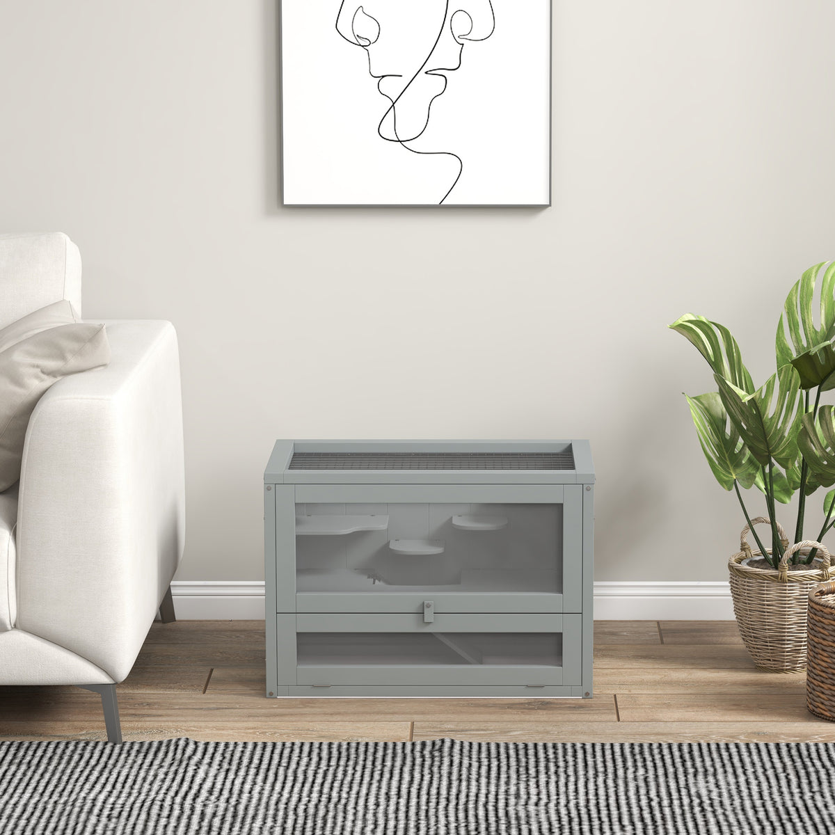 Jaula de madera para hámster con rampa y techo abatible, 60 x 35 x 42 cm, gris, foto 2 de 9