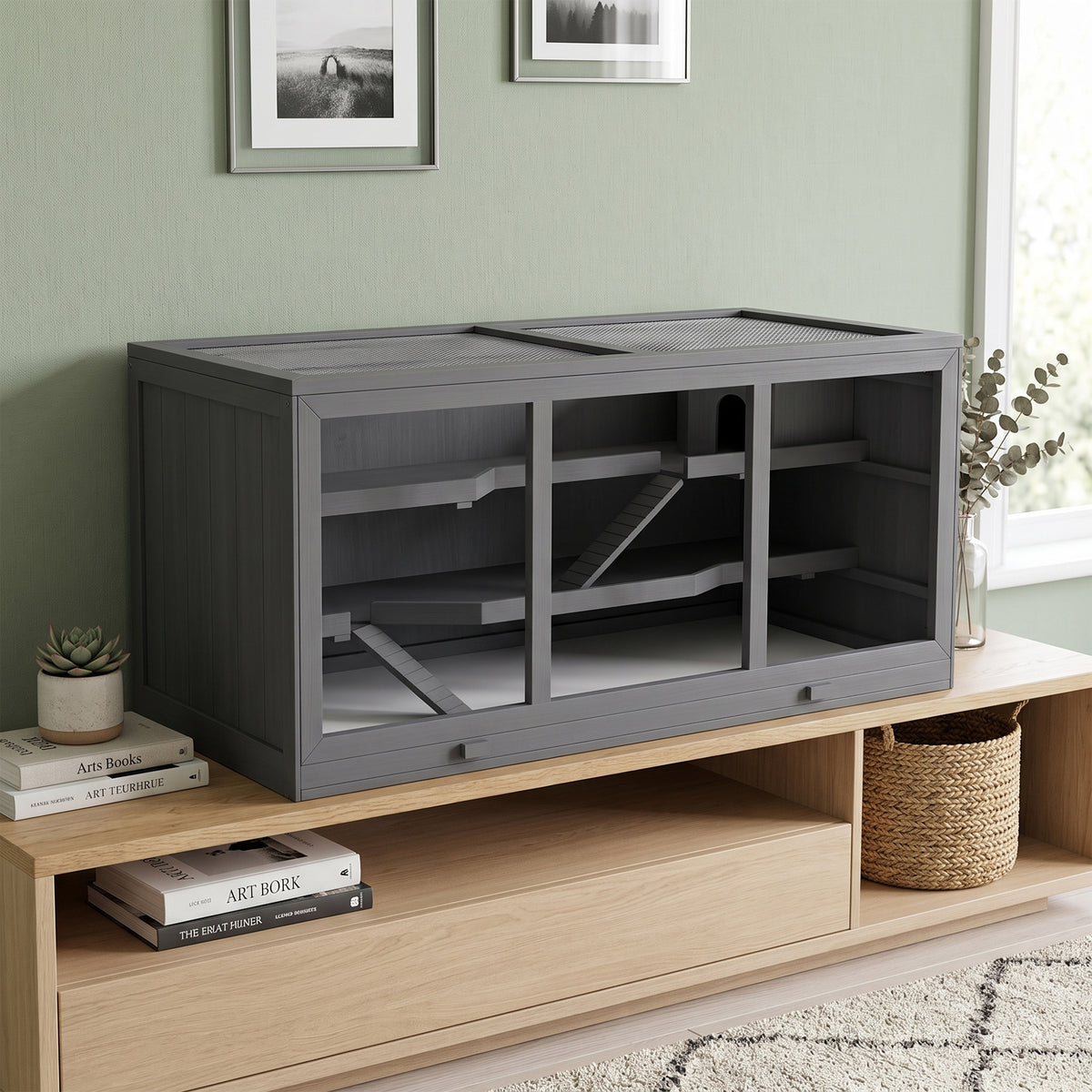 Jaula para hámster de 2 niveles con techo abatible, ventanas, casita y 2 escaleras, 115x57x55 cm, gris-1