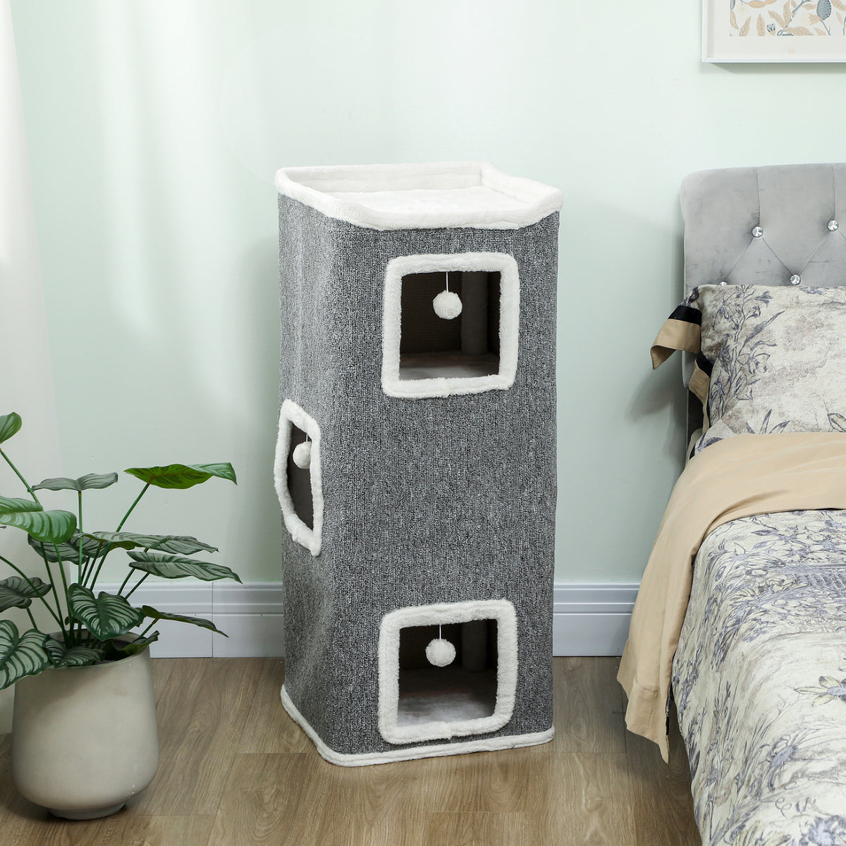 Árbol para gatos de 4 niveles con refugios, gris