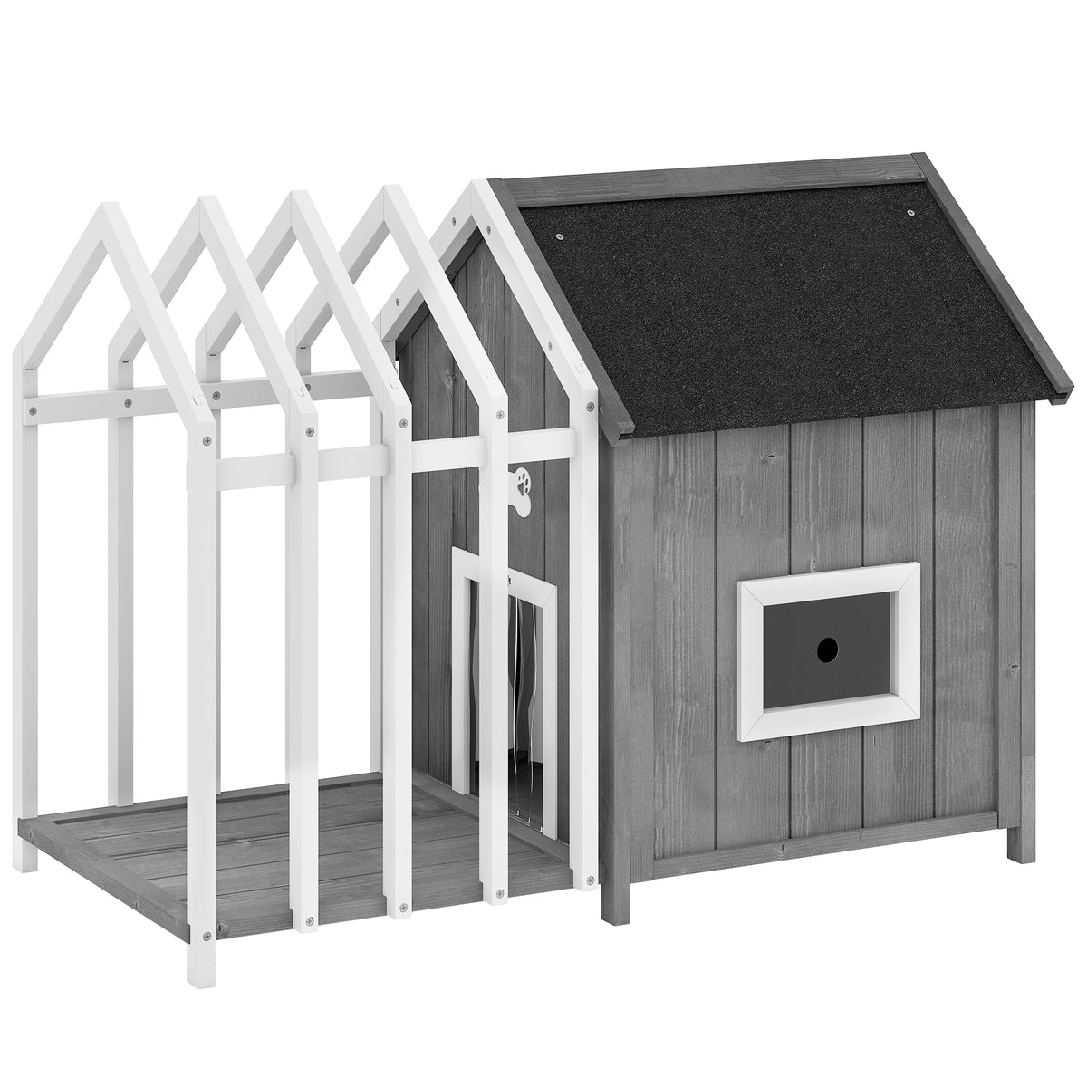 Caseta de madera con terraza y valla para perros pequeños, 106x62,5x80,5 cm