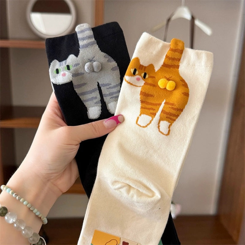 Calcetines con pompón de gato de dibujos 3D