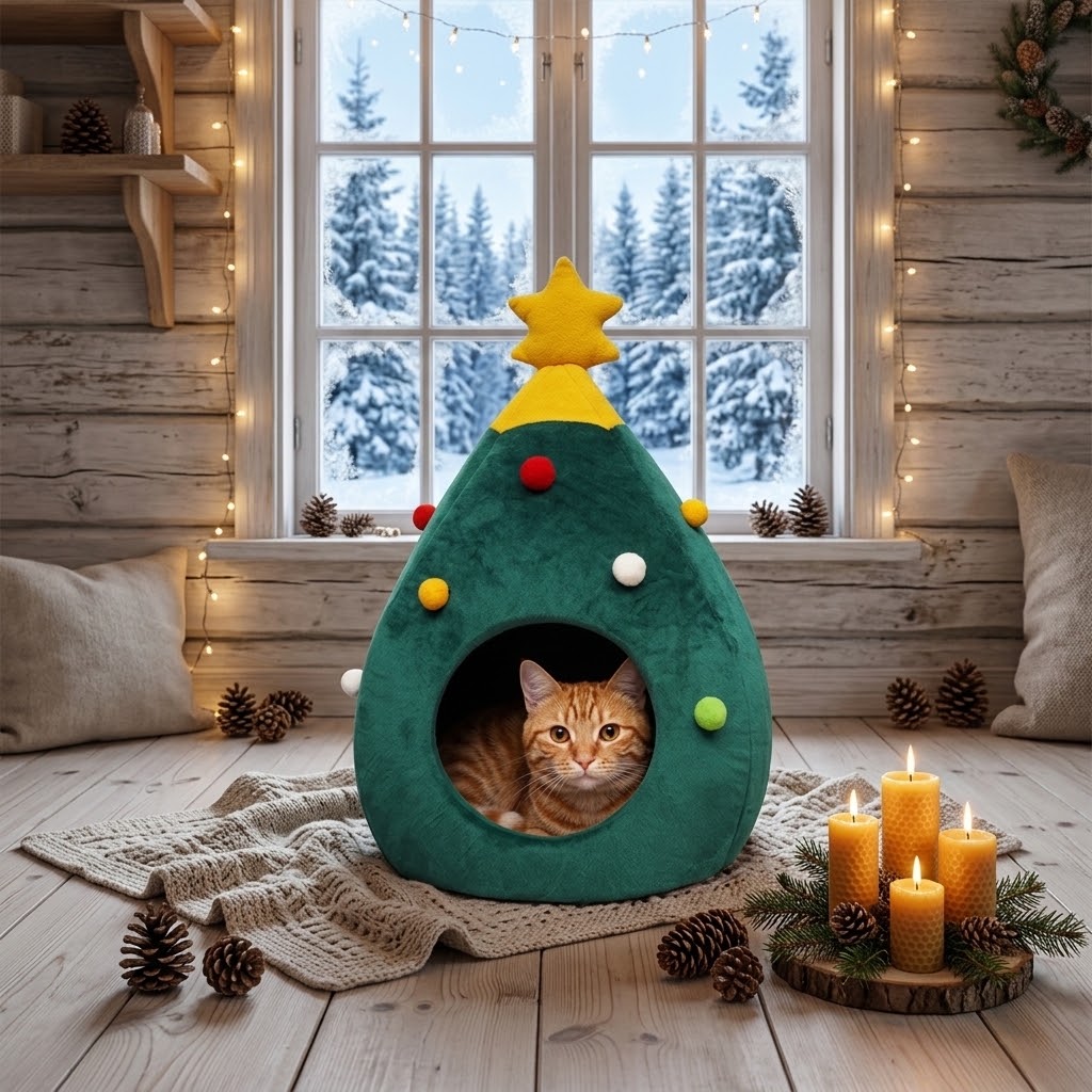 Cueva cama navideña verde para gatos con velas y luces de Navidad