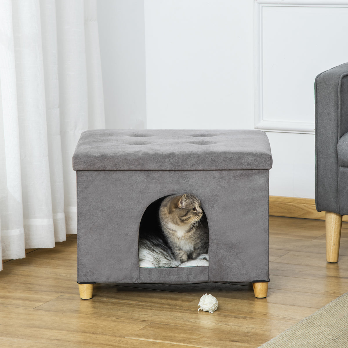 Cueva para gatos 2 en 1 con reposapiés y cojín de felpa, gris