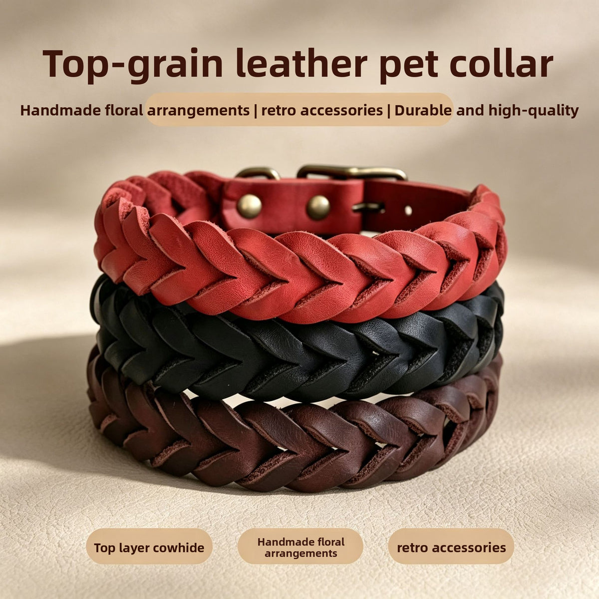 Collar de cuero trenzado vintage para perros