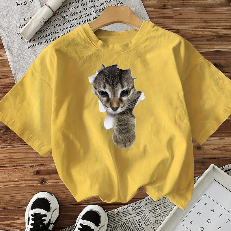 Camiseta de algodón con estampado de gatos para mujer