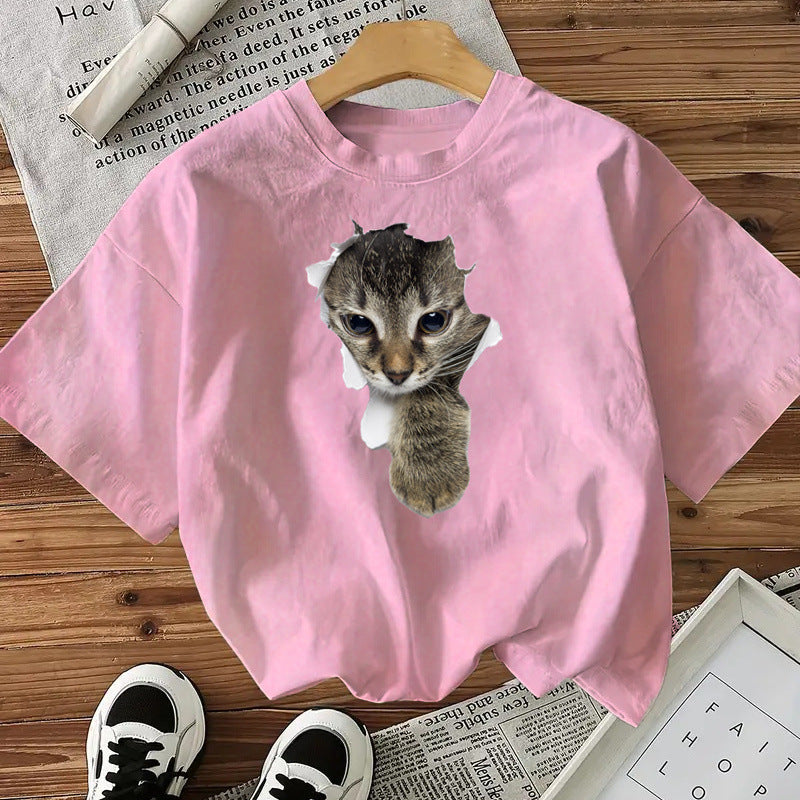 Camiseta de algodón con estampado de gatos para mujer